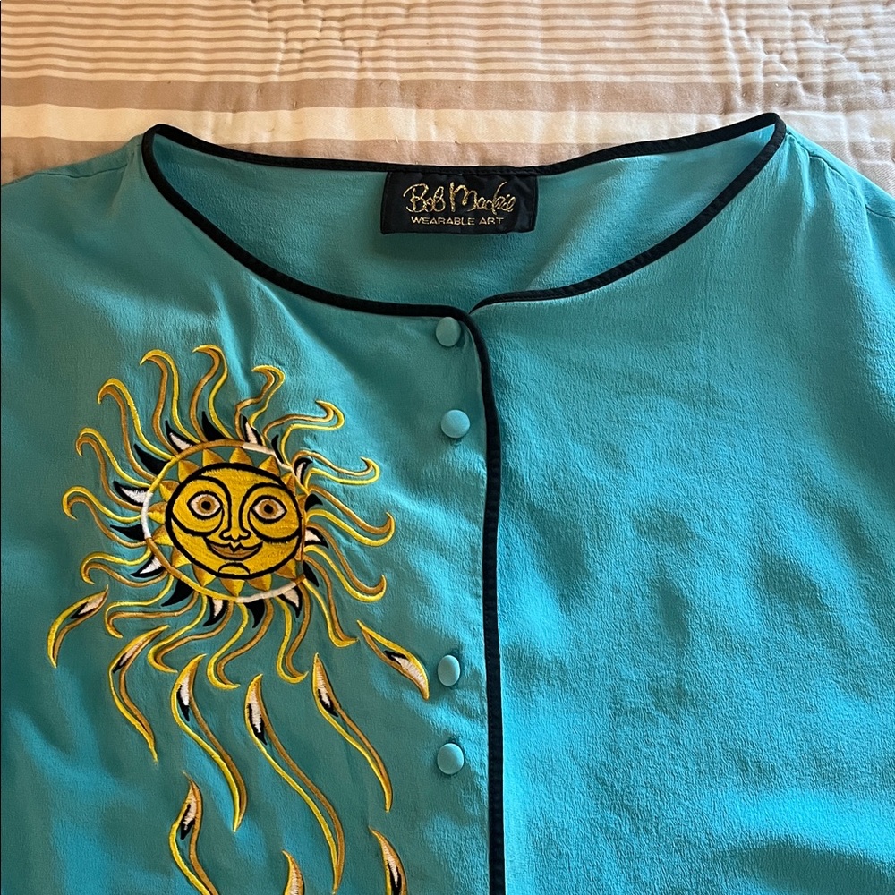 Bob Mackie Silk Turquoise Blouse with Yellow Sun Embroidery